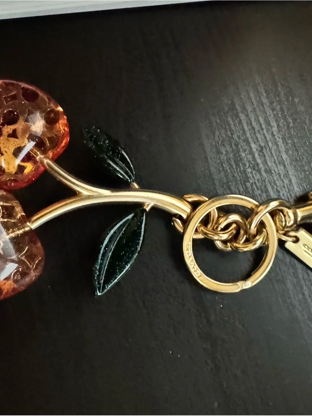 Coach Cherry Keychain with Pink Glass Cherries and Dark Green Leaves bag charm - Picture 2 of 3